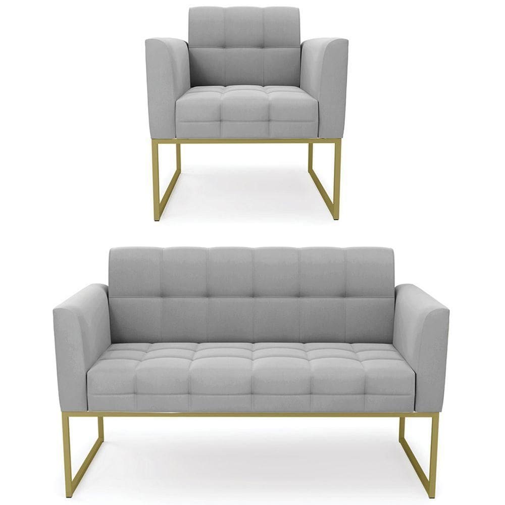 Sofá Namoradeira E 1 Poltrona Base Industrial Dourado Ana Suede Cinza
