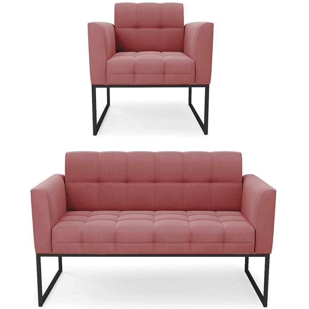 Sofá Namoradeira E 1 Poltrona Base Industrial Preto Ana Suede Rosê