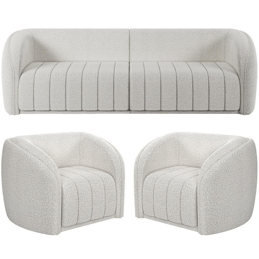 Kit Sofá 4 Lugares Para Sala 292cm Com 02 Poltronas Lazio M03 Bouclê Branco - Lyam Decor