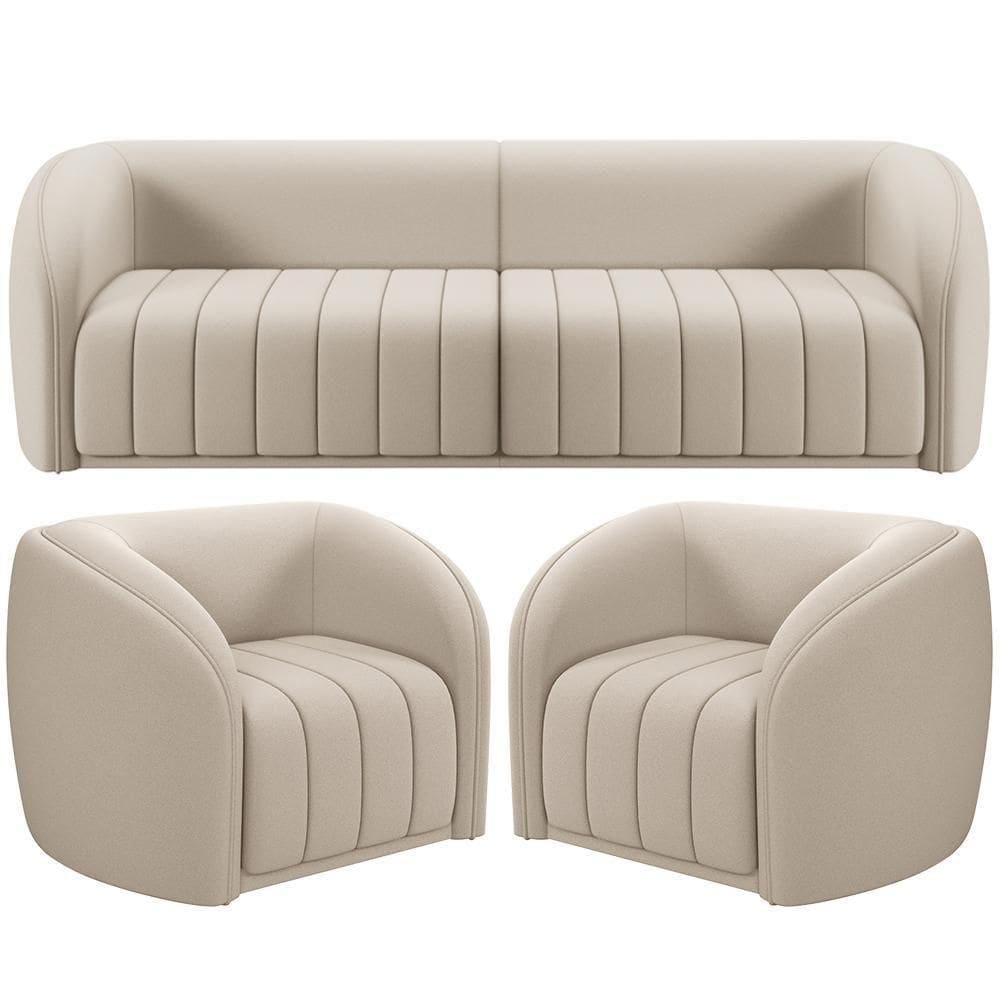 Kit Sofá 5 Lugares Para Sala 332cm Com 02 Poltronas Lazio M03 Veludo Bege - Lyam Decor