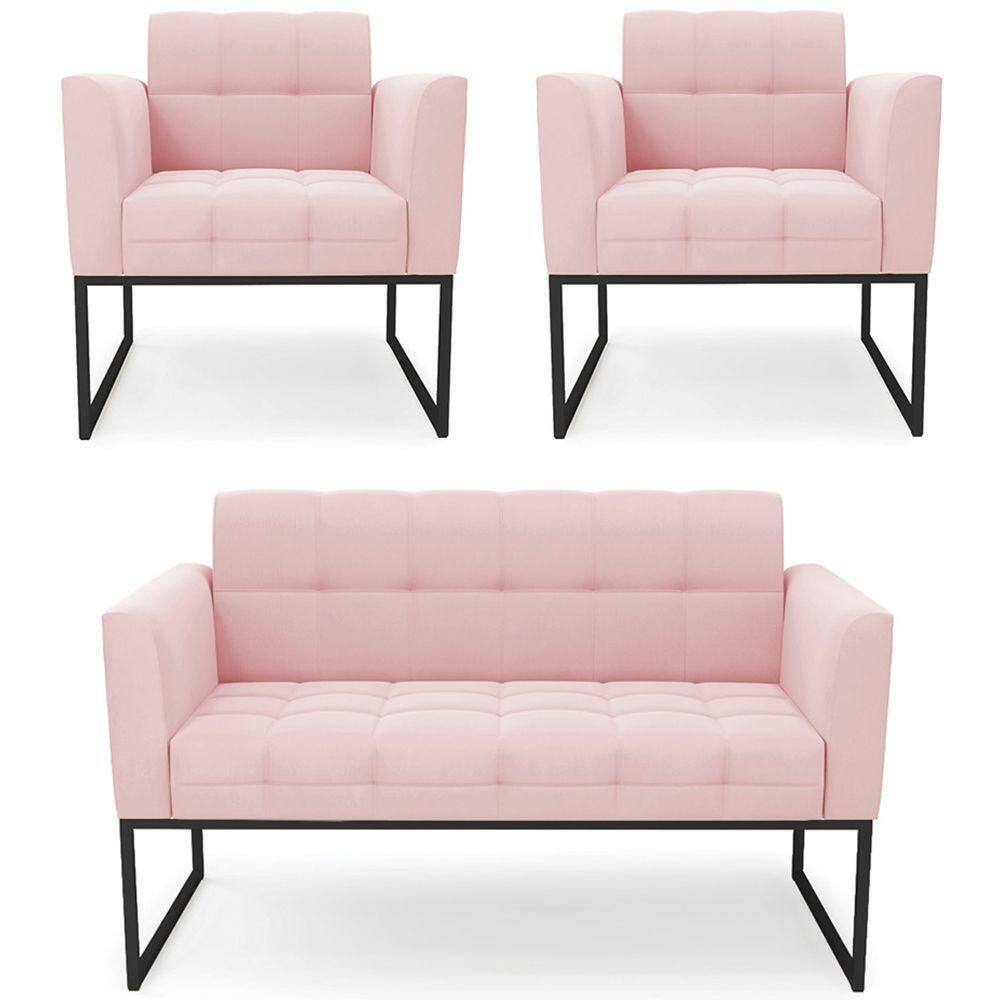 Sofá Namoradeira E 2 Poltronas Base Industrial Preto Ana Suede Rosa Bebê