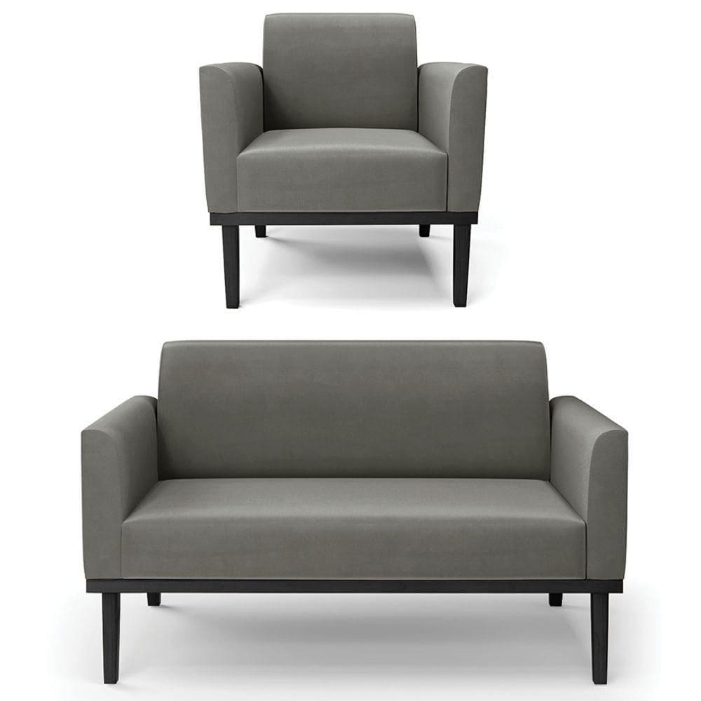 Sofá Namoradeira E 1 Poltrona Base Madeira Preto Maressa Suede Grafite