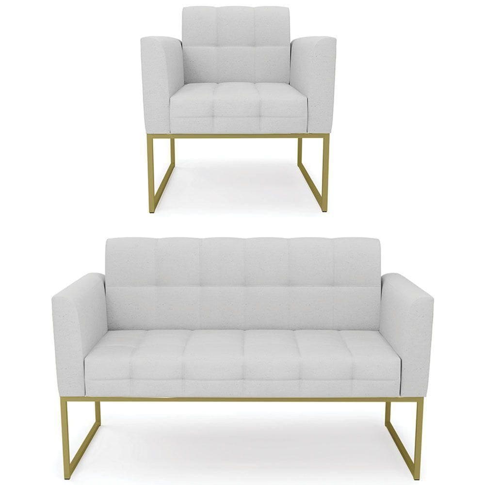 Sofá Namoradeira E 1 Poltrona Base Industrial Dourado Ana Linho Cinza