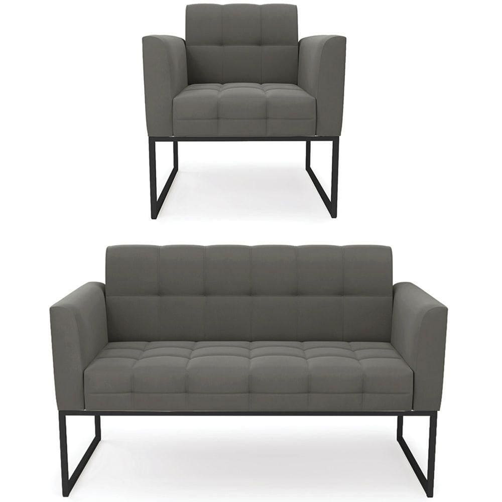 Sofá Namoradeira E 1 Poltrona Base Industrial Preto Ana Suede Grafite