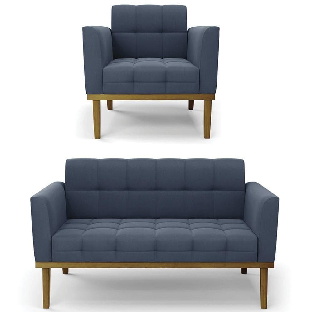 Sofá Namoradeira E 1 Poltrona Base Madeira Castanho Ana Suede Azul Marinho