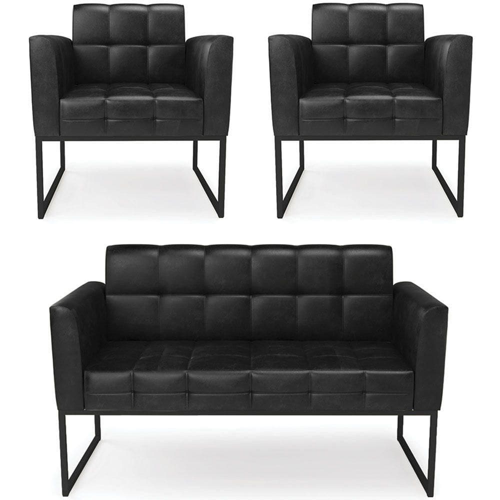Sofá Namoradeira E 2 Poltronas Base Industrial Preto Ana Sintético Pu Preto