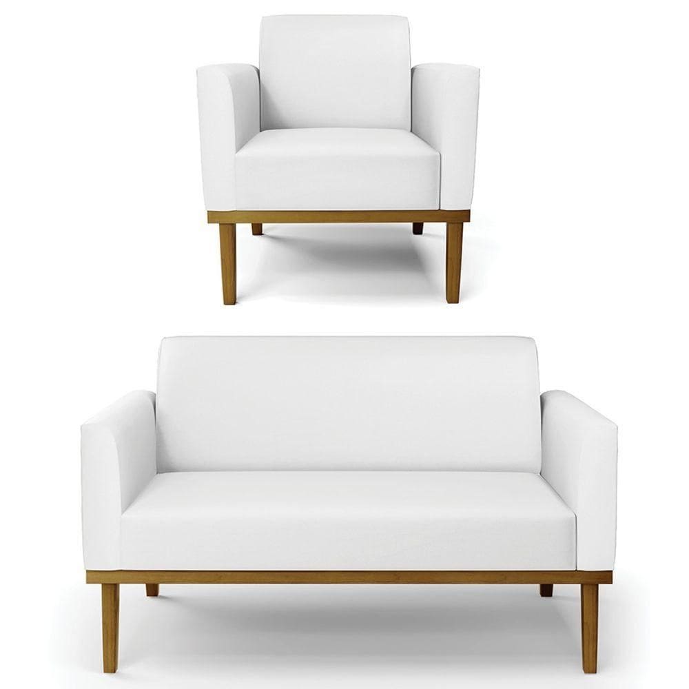 Sofá Namoradeira E 1 Poltrona Base Madeira Castanho Maressa Sintético Branco