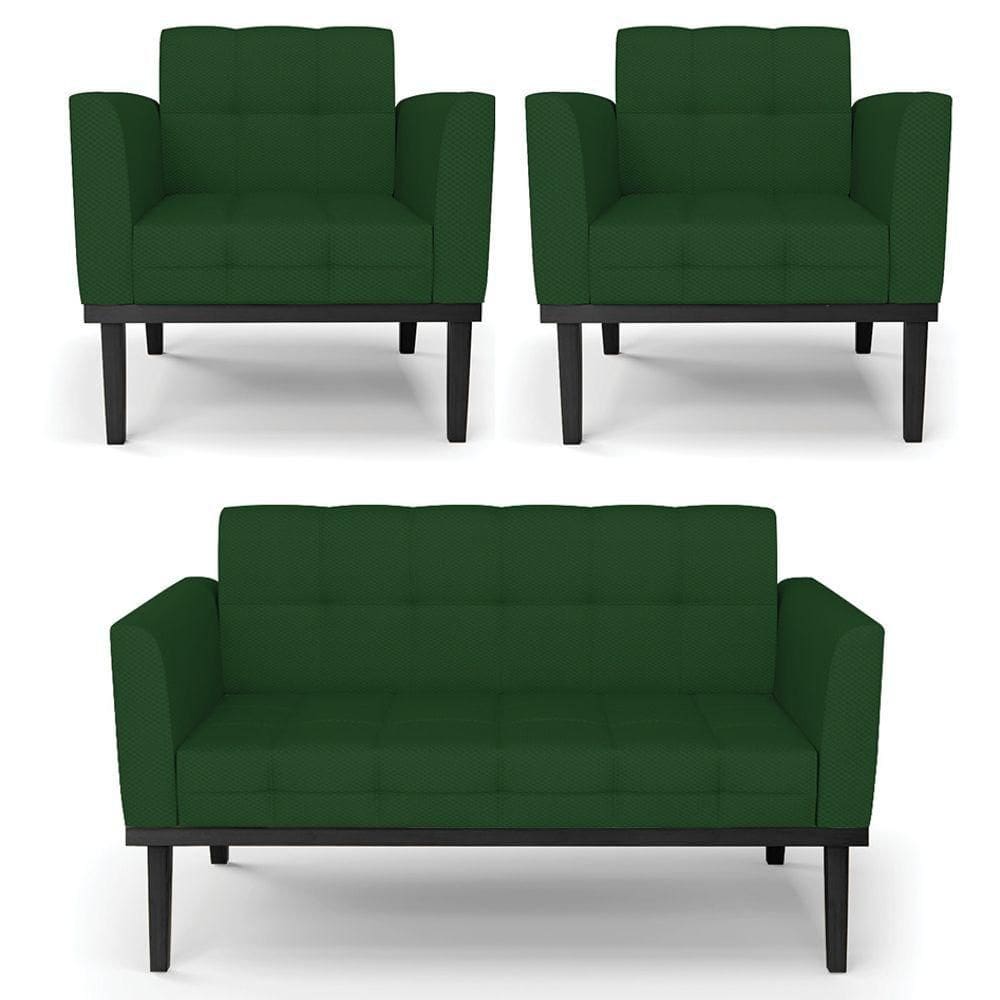Sofá Namoradeira E 2 Poltronas Base Madeira Preto Ana Veludo Luxo Verde