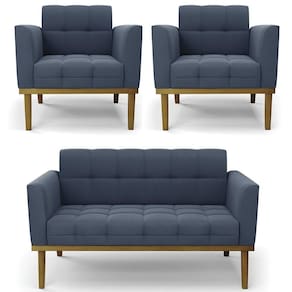 Sofá Namoradeira E 2 Poltronas Base Madeira Castanho Ana Suede Azul Marinho