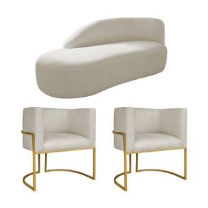 Kit Divã Luna 140cm Lado Esquerdo E 02 Poltronas Base De Ferro Dourado Bouclé Bege