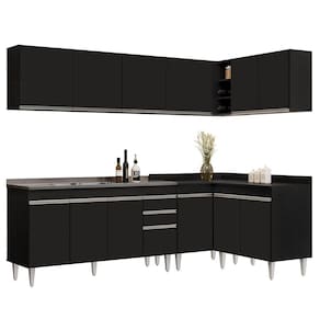 Armário De Cozinha Modulado De Canto 6 Peças Cp33 Com Pia Inox Preto