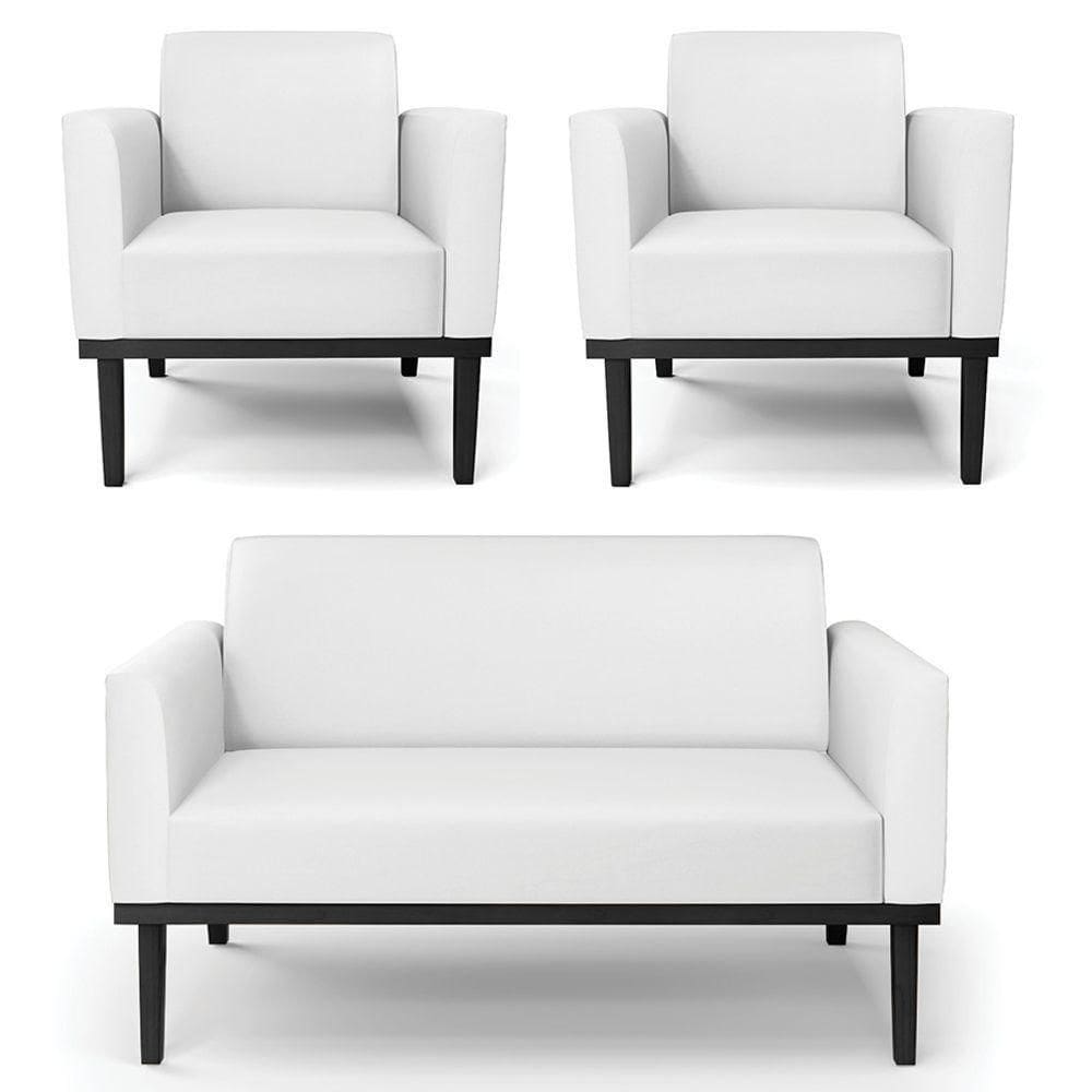 Sofá Namoradeira E 2 Poltronas Base Madeira Preto Maressa Sintético Branco
