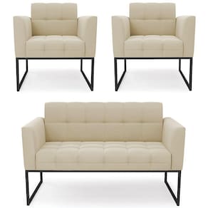 Sofá Namoradeira E 2 Poltronas Base Industrial Preto Ana Suede Bege