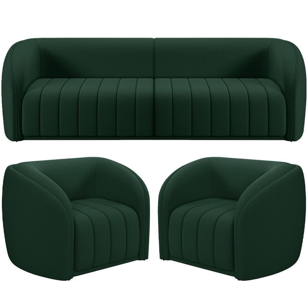 Kit Sofá 4 Lugares Para Sala 292cm Com 02 Poltronas Lazio M03 Veludo Verde - Lyam Decor