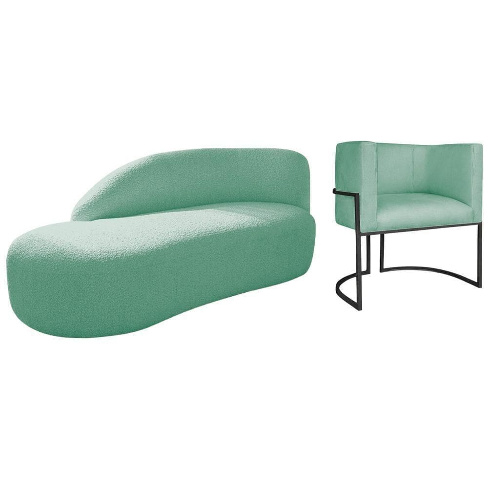 Kit Divã Luna 185cm Lado Esquerdo E 01 Poltrona Base De Ferro Preto Suede Cor Azul Tiffany