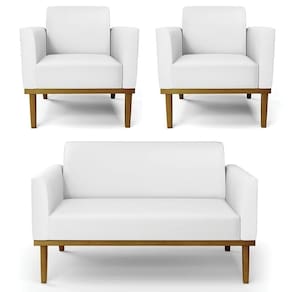 Sofá Namoradeira E 2 Poltronas Base Madeira Castanho Maressa Sintético Branco