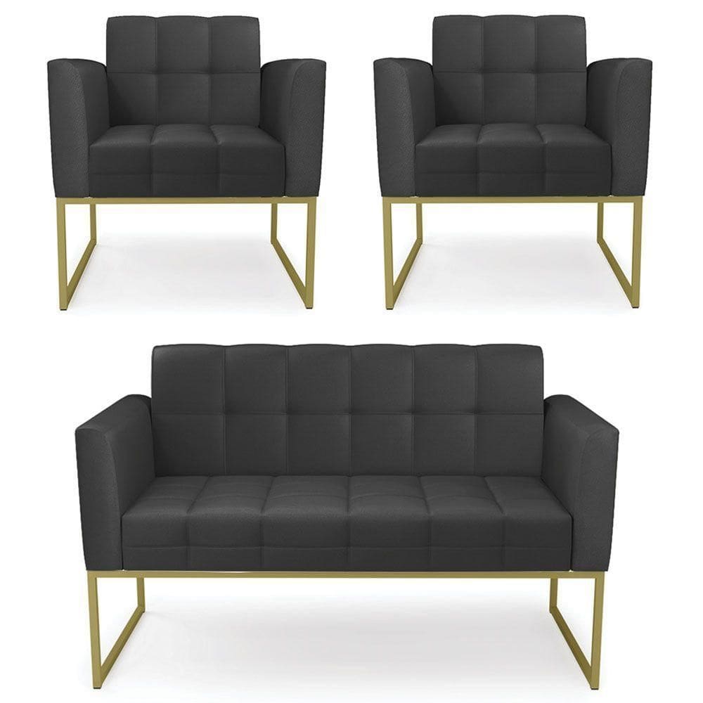 Sofá Namoradeira E 2 Poltronas Base Industrial Dourado Ana Sintético Preto