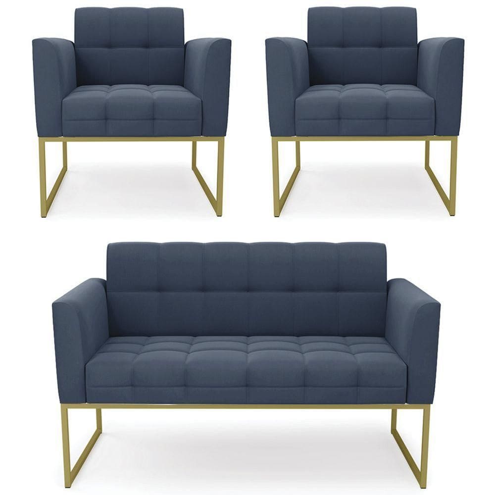 Sofá Namoradeira E 2 Poltronas Base Industrial Dourado Ana Suede Azul Marinho