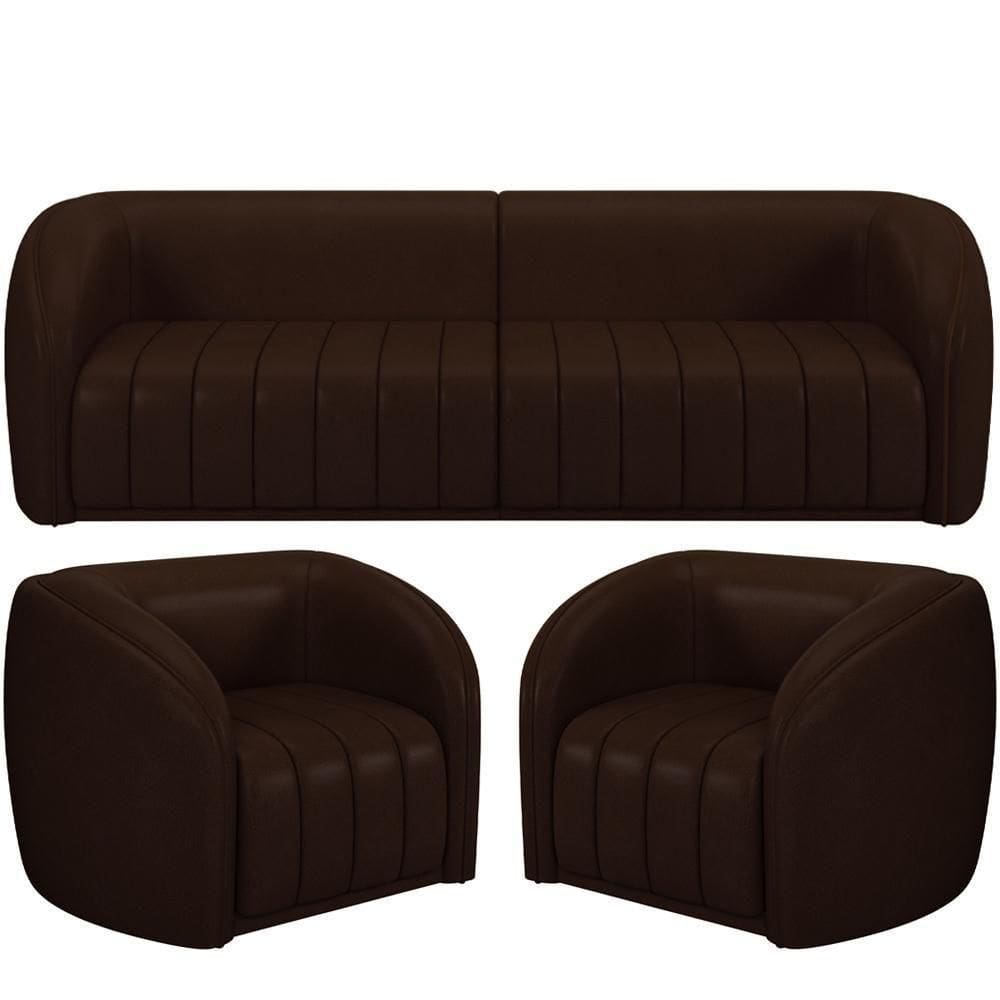 Kit Sofá 4 Lugares Para Sala 252cm Com 02 Poltronas Lazio M03 Corano Marrom - Lyam Decor