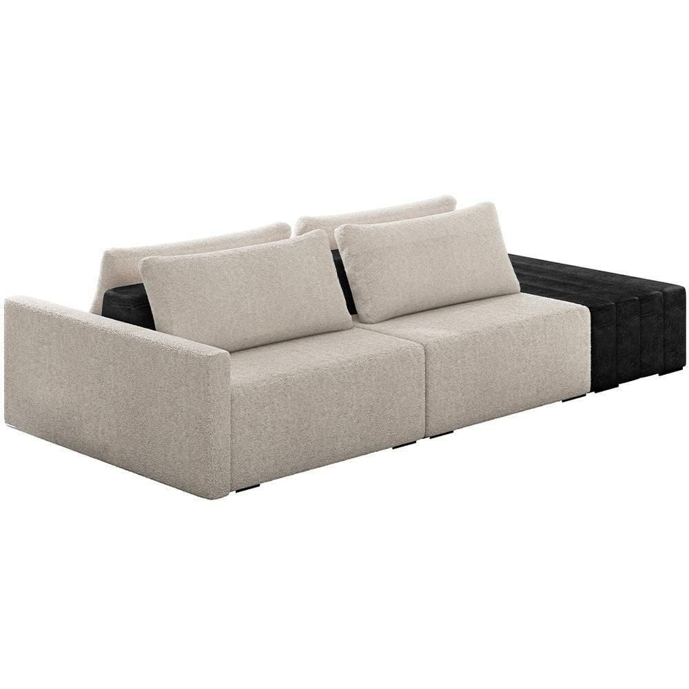 Sofá Ilha Modular Para Sala 232cm Com Puff Dublin K01 Bouclê Creme E Sintético Preto - Lyam Decor