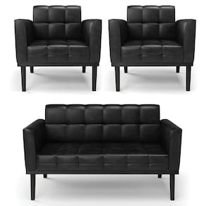 Sofá Namoradeira E 2 Poltronas Base Madeira Preto Ana Sintético Pu Preto