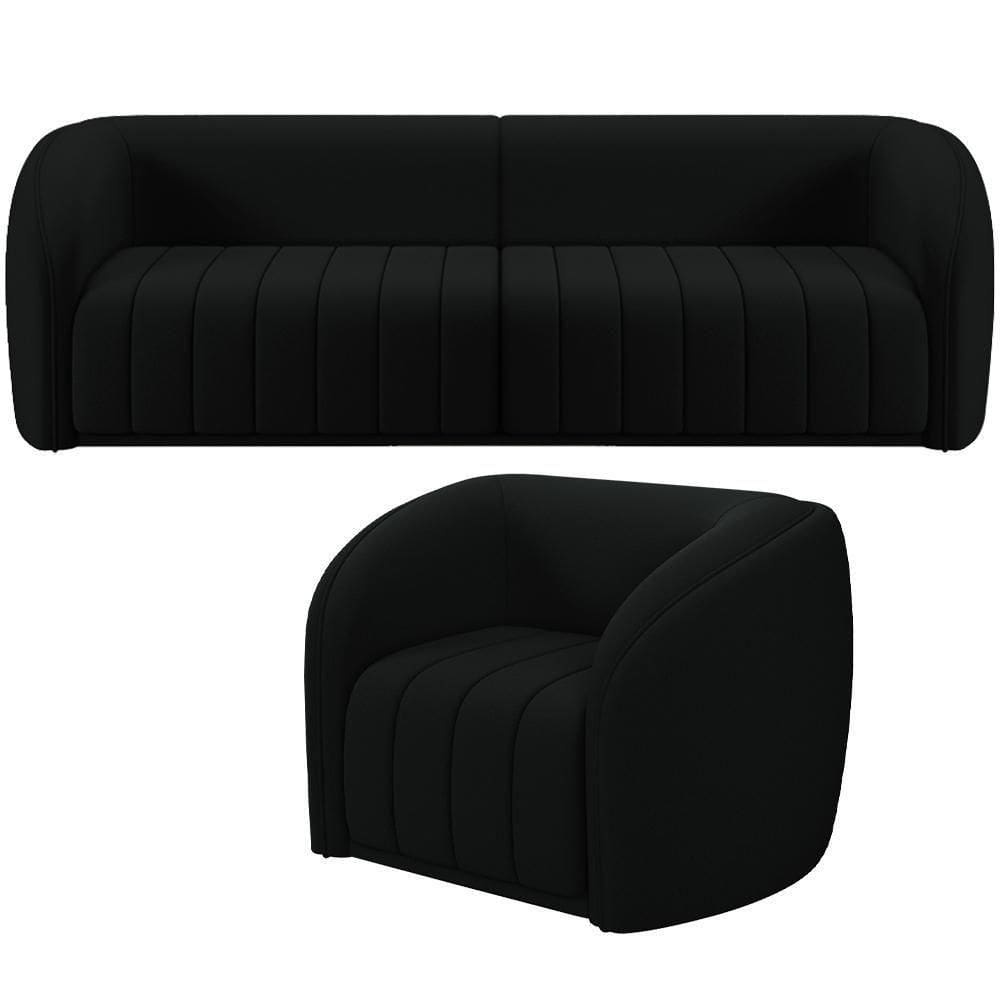 Kit Sofá 4 Lugares Para Sala 292cm Com 01 Poltrona Lazio M03 Veludo Preto - Lyam Decor