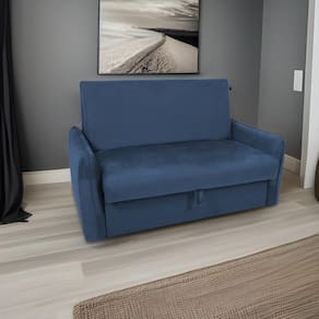 Sofá Cama Para Sala De Estar Zaia Com Baú Veludo Matrix - Azul Azul