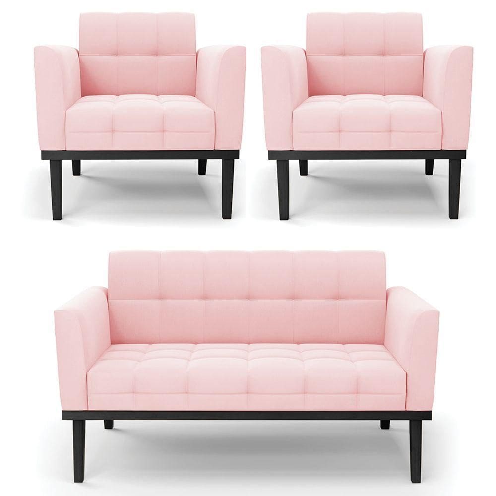 Sofá Namoradeira E 2 Poltronas Base Madeira Preto Ana Suede Rosa Bebê