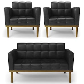Sofá Namoradeira E 2 Poltronas Base Madeira Castanho Ana Sintético Pu Preto