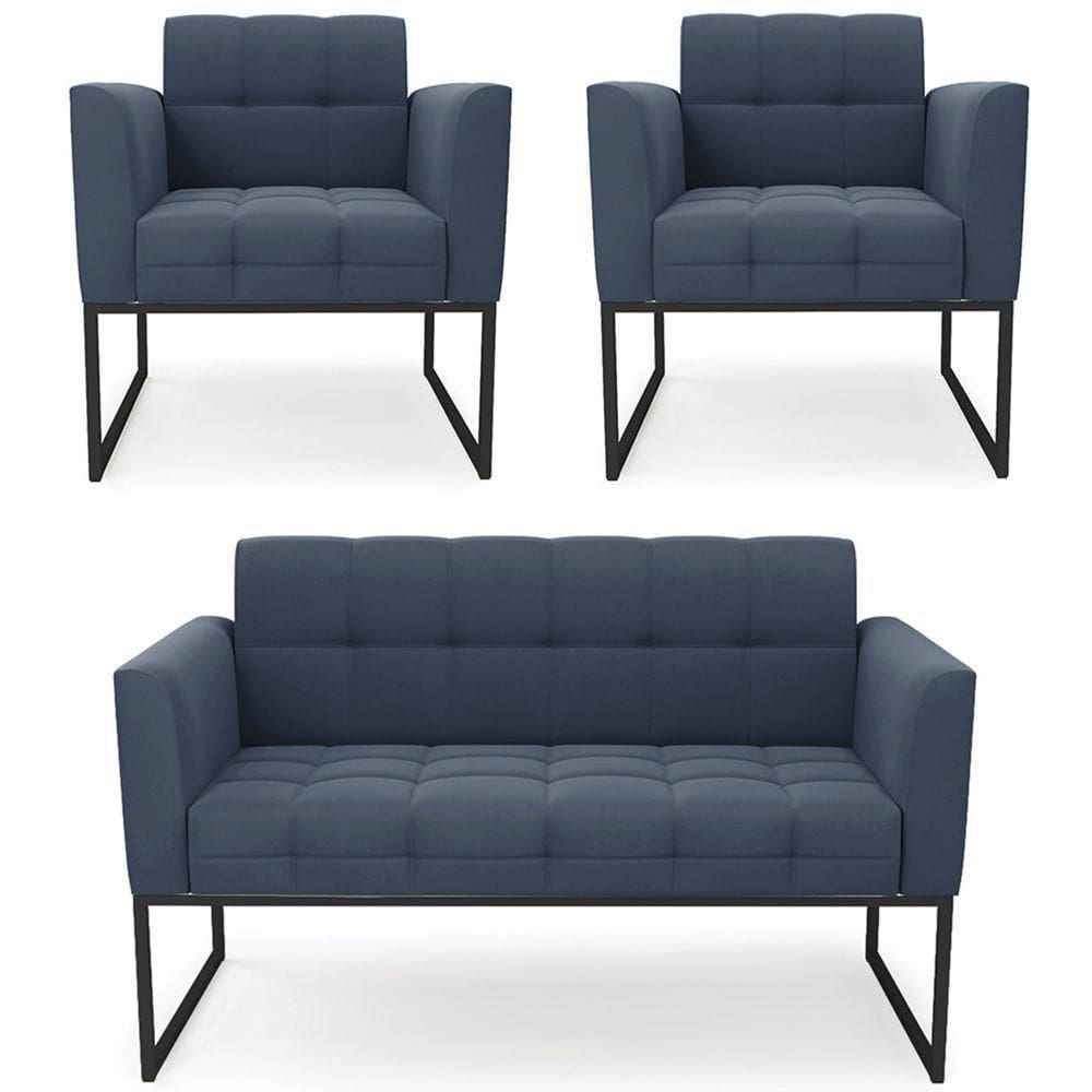 Sofá Namoradeira E 2 Poltronas Base Industrial Preto Ana Suede Azul Marinho