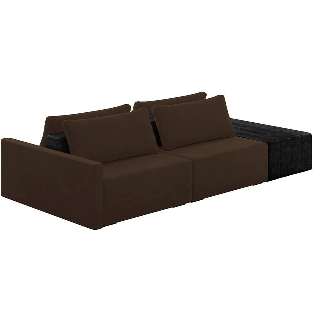 Sofá Ilha Modular Para Sala 232cm Com Puff Dublin K01 Veludo Marrom E Sintético Preto - Lyam Decor