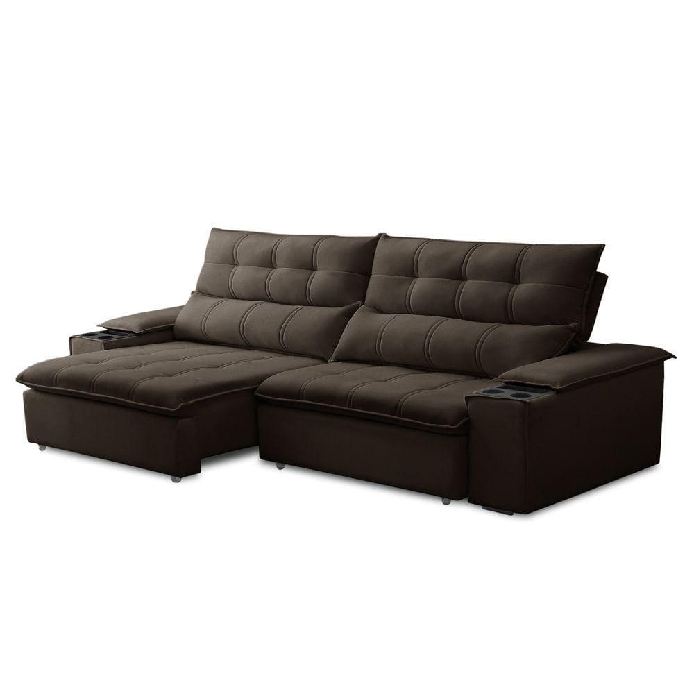 Sofá Retrátil 3 Lugares Com Porta Copo 250cm Malta F05 Veludo Marrom Escuro