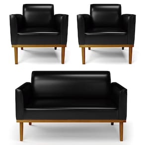 Sofá Namoradeira E 2 Poltronas Base Madeira Castanho Maressa Sintético Pu Preto