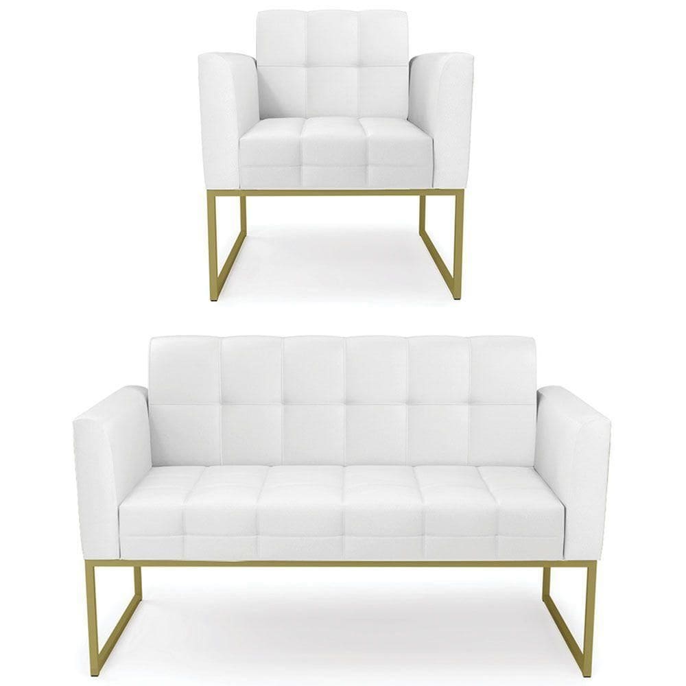 Sofá Namoradeira E 1 Poltrona Base Industrial Dourado Ana Sintético Branco