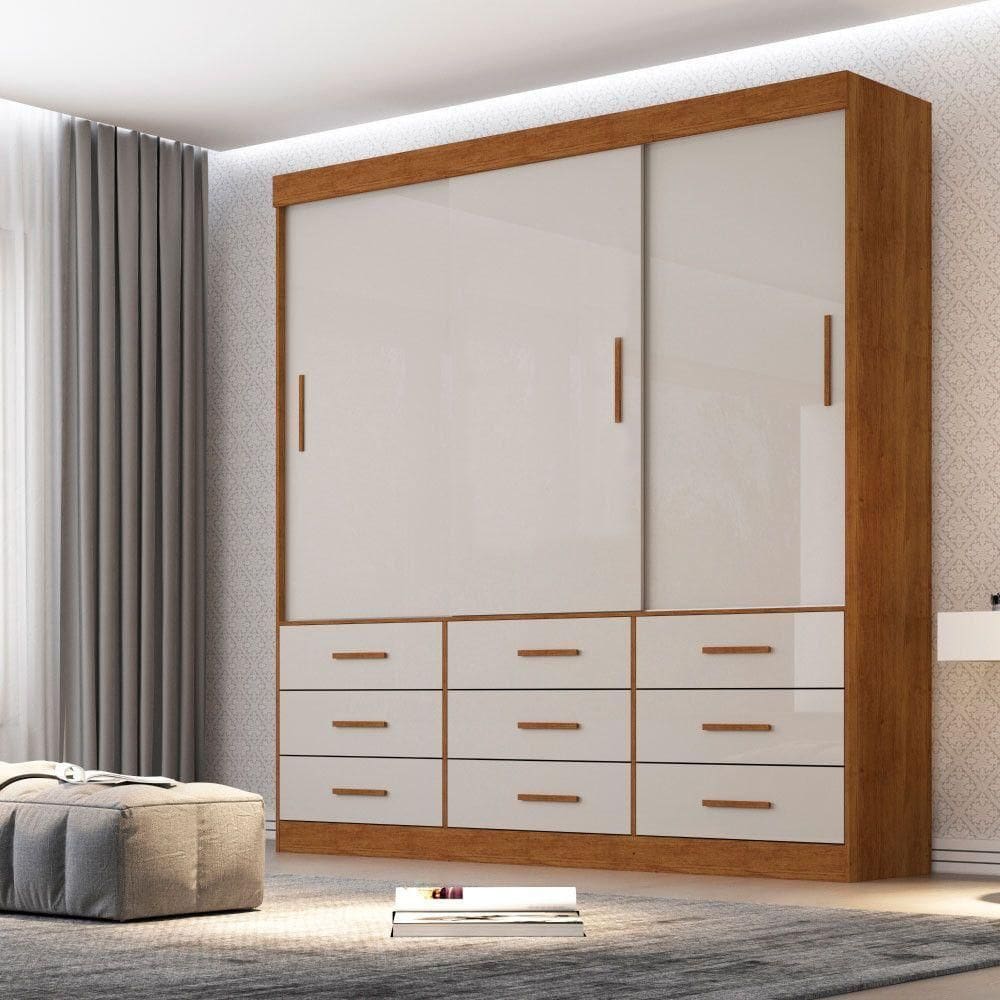 Guarda Roupa Casal 3 Portas 9 Gavetas New Star Sallêto Móveis Cinamomo Com Off White