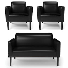 Sofá Namoradeira E 2 Poltronas Base Madeira Preto Maressa Sintético Pu Preto - Ibiza