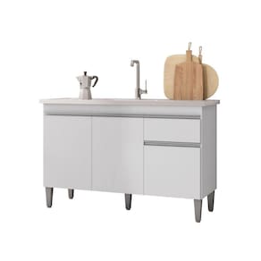 Balcão Gabinete Módulo P-pia Tatiane 120cm 3 Portas E 1 Gaveta C-tampo Branco