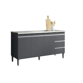 Armário Gabinete Para Pia Andreia S-tampo 150cm 3 Portas 3 Gavetas Cinza Fosco