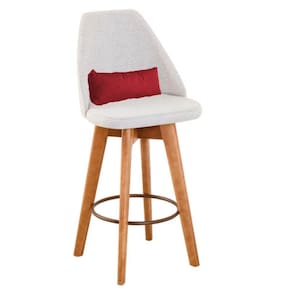 Banqueta Com Encosto Linho Bege Claro E Almofada Vermelho