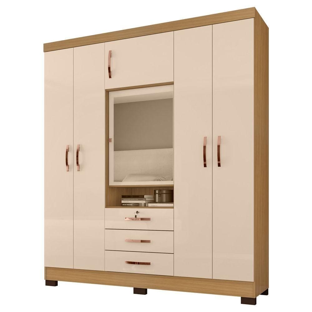 Guarda Roupa Casal 6 Portas E 3 Gavetas Imperial Com Espelho Carvalho Americano/off White - Incorplac