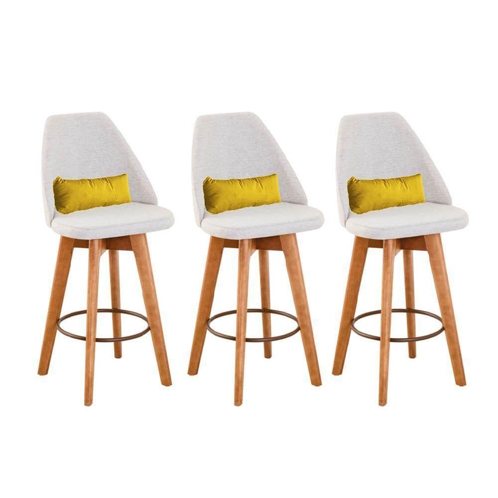 Kit 03 Banquetas Bege Claro E Almofada Sintético Amarelo