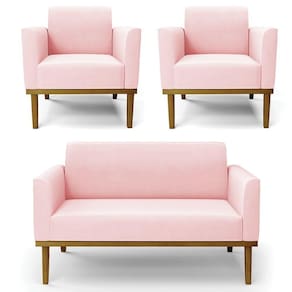 Sofá Namoradeira E 2 Poltronas Base Madeira Castanho Maressa Suede Rosa Bebê