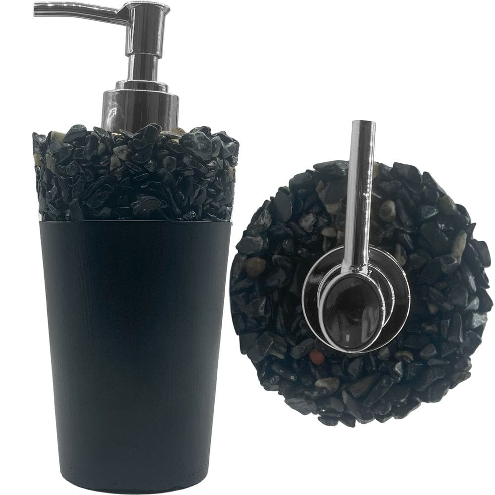 Saboneteira Líquida Artesanal em Cimento Preto com Pedras Pretas 220 ml Rústica e Durável
