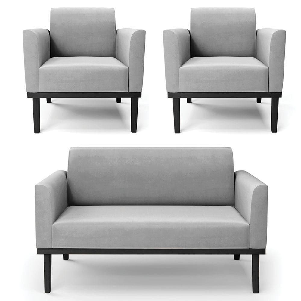 Sofá Namoradeira E 2 Poltronas Base Madeira Preto Maressa Suede Cinza