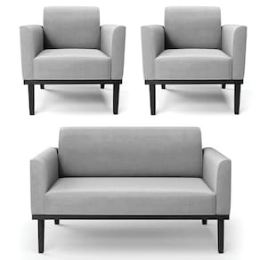 Sofá Namoradeira E 2 Poltronas Base Madeira Preto Maressa Suede Cinza
