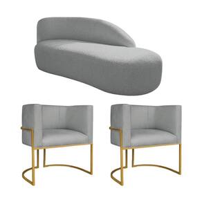 Kit Divã Luna 185cm Lado Direito E 02 Poltronas Base De Ferro Dourado Bouclé Cinza
