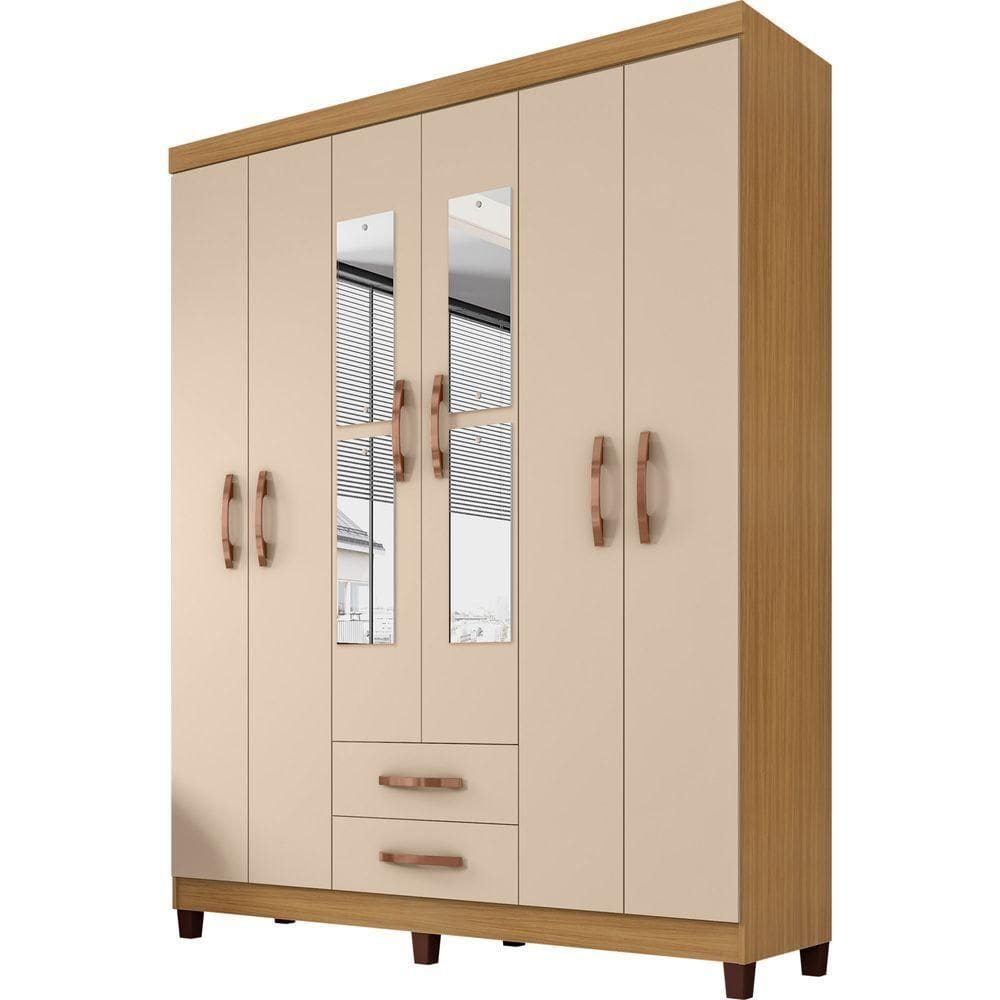 Guarda Roupa Casal 6 Portas E 2 Gavetas Modena Com Espelho Carvalho Americano/off White - Incorplac