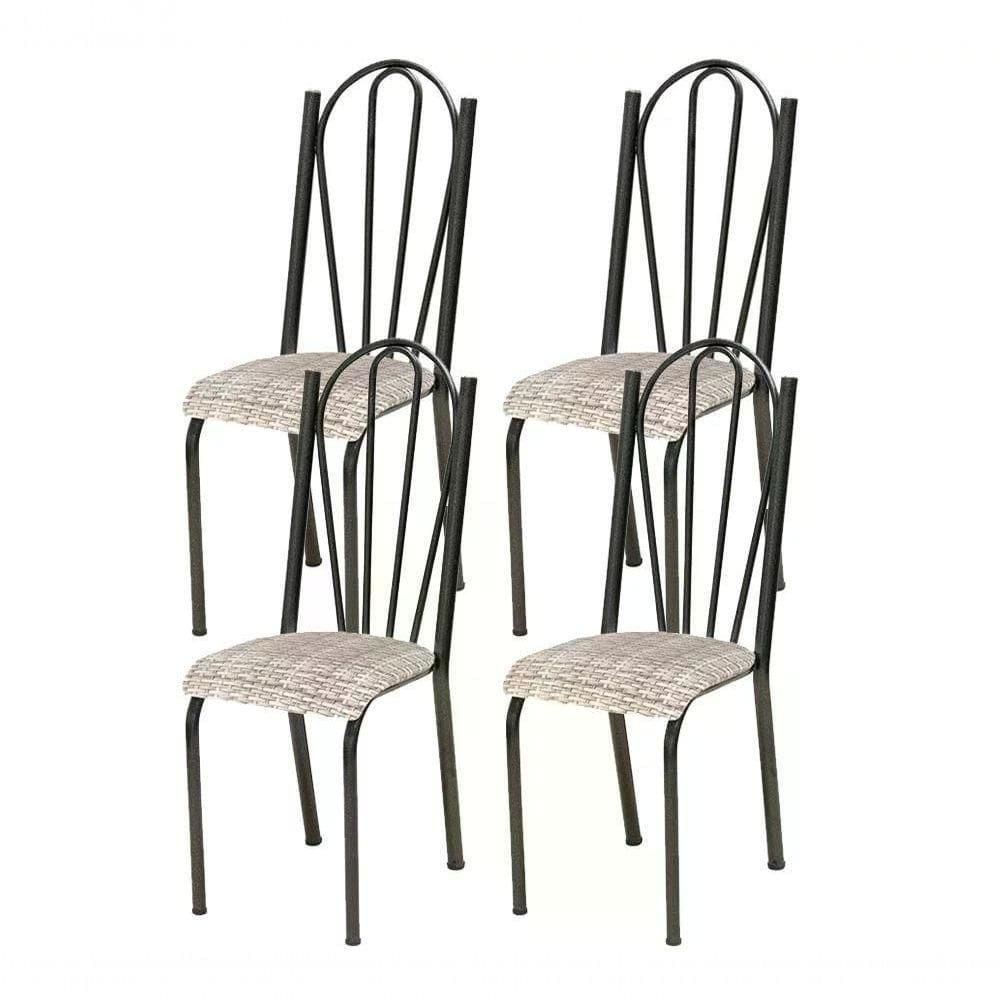 Kit 04 Cadeiras Tubular Cromo Preto 021 Assento Rattan Ratta