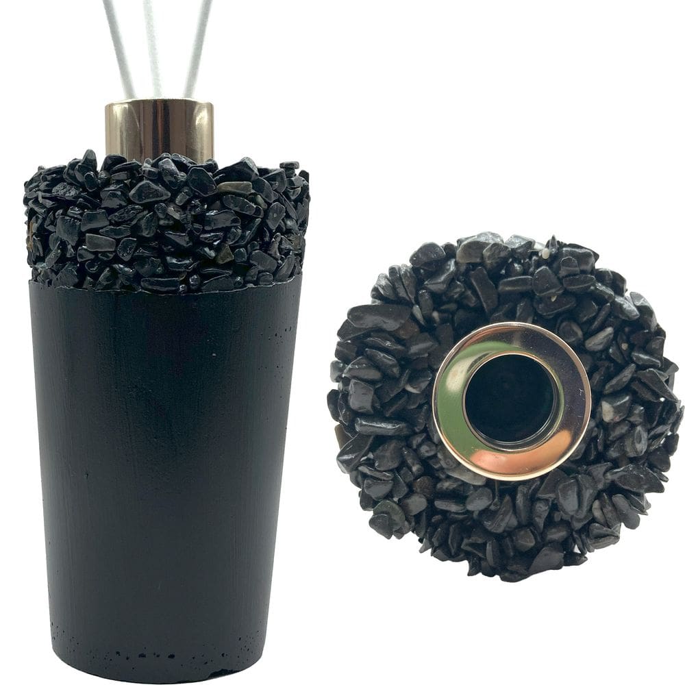 Aromatizador Decorativo Artesanal 220 ml em Cimento Preto com Pedras Pretas Perfeito para Lavabo Cor Dourado