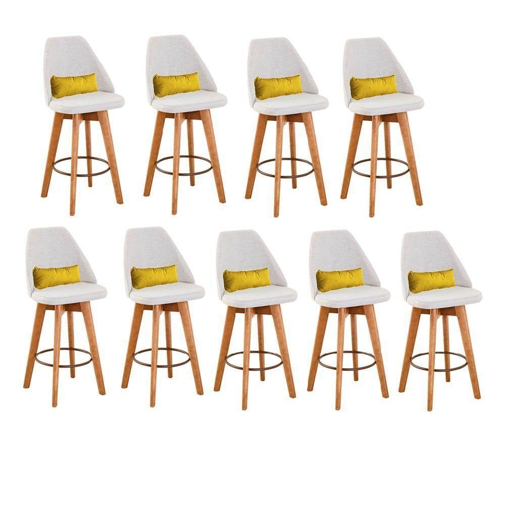 Kit 09 Banquetas Com Encosto Linho Bege E Almofada Amarelo